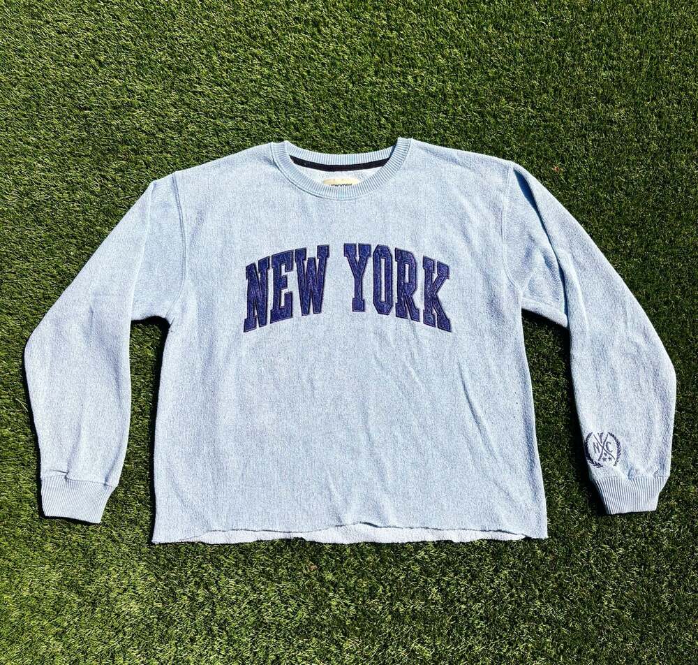 New York Popular Light Blue Waffle Knit Long Sleeve Crewneck Sweater